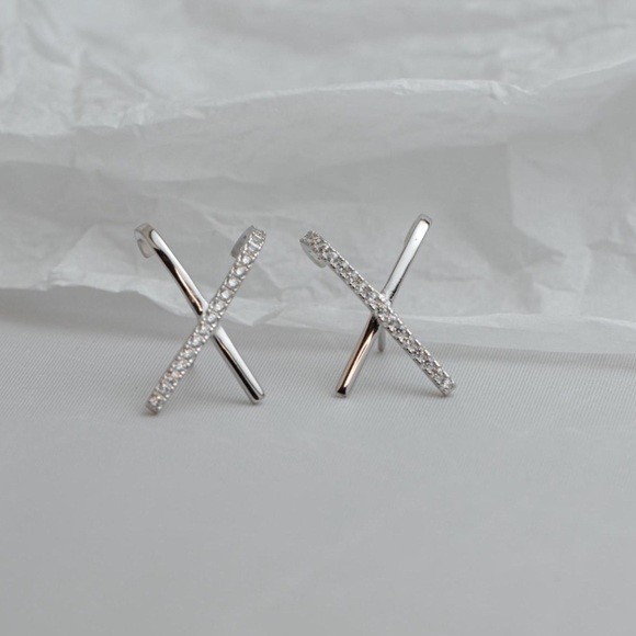 Charter Club Inspired 925 Sterling Silver X Crossover Crystal Hoop Earrings - Picture 4 of 6